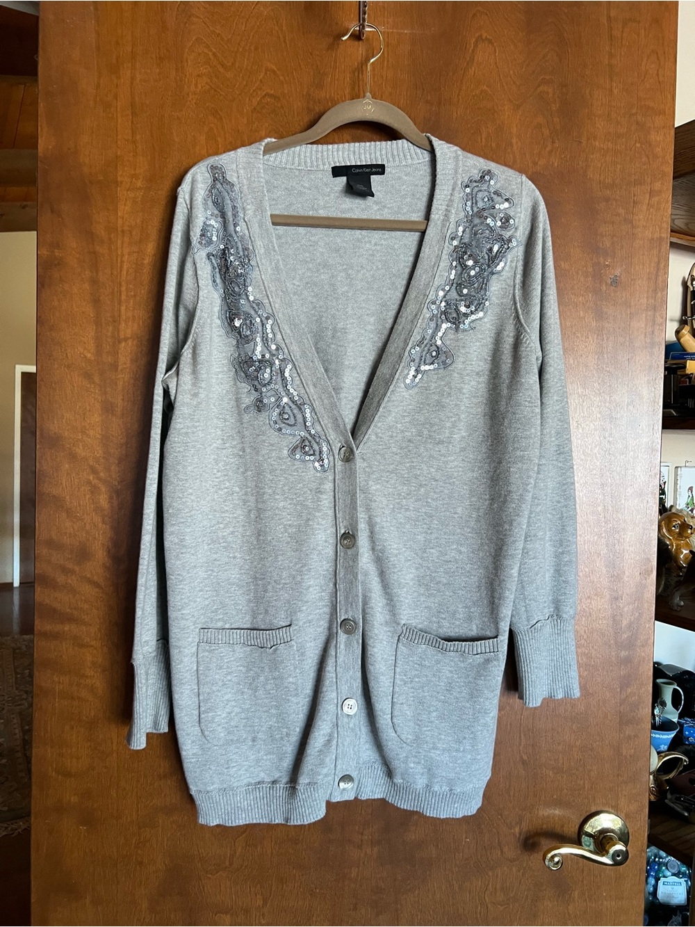 Calvin Klein Jeans Light Gray Embellished V-Neck Cardigan